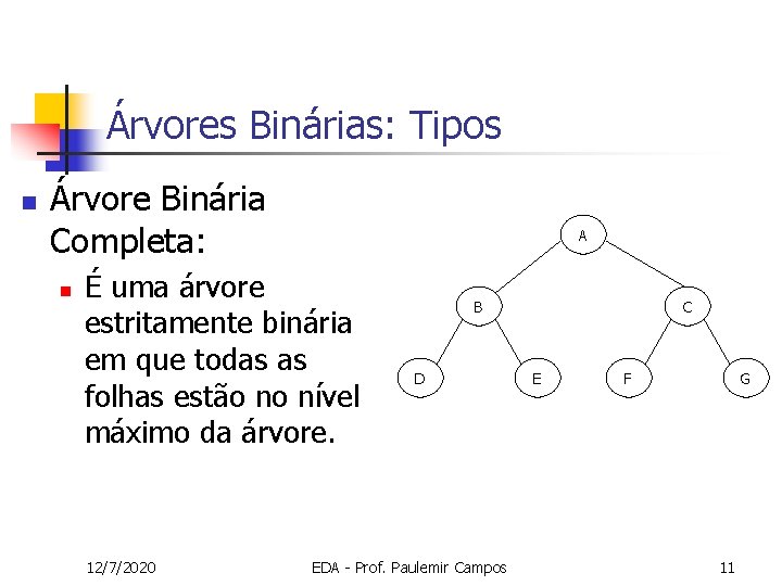Árvores Binárias: Tipos n Árvore Binária Completa: n A É uma árvore estritamente binária