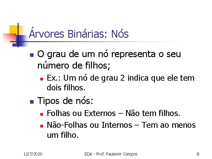 Árvores Binárias: Nós n O grau de um nó representa o seu número de