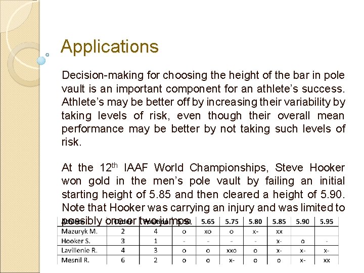 Applications Decision-making for choosing the height of the bar in pole vault is an