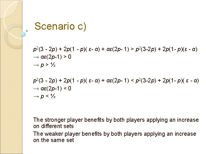 Scenario c) p 2(3 - 2 p) + 2 p(1 - p)( ε- α)