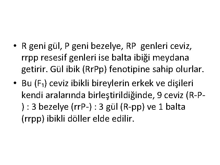  • R geni gül, P geni bezelye, RP genleri ceviz, rrpp resesif genleri