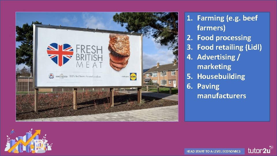 1. Farming (e. g. beef farmers) 2. Food processing 3. Food retailing (Lidl) 4.