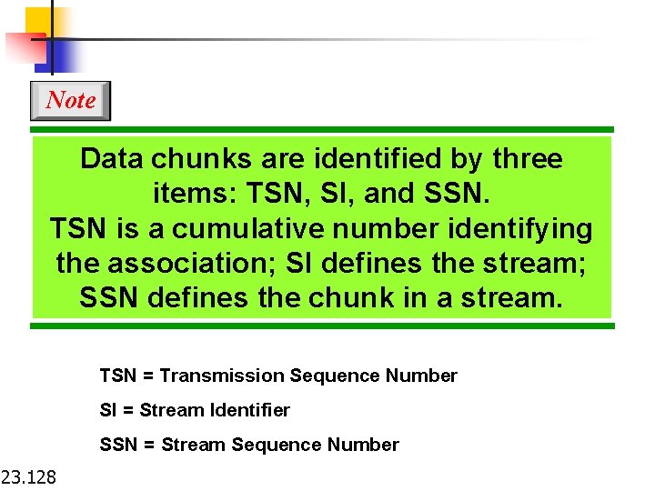 Note Data chunks are identified by three items: TSN, SI, and SSN. TSN is