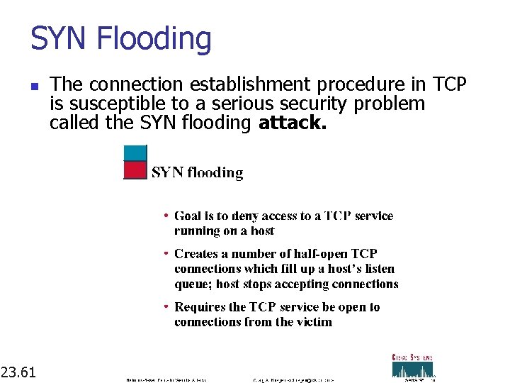 SYN Flooding n 23. 61 The connection establishment procedure in TCP is susceptible to