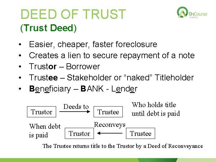 DEED OF TRUST (Trust Deed) • • • Easier, cheaper, faster foreclosure Creates a