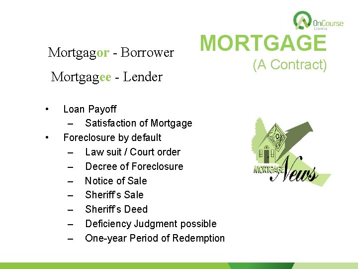 Mortgagor - Borrower MORTGAGE Mortgagee - Lender • • Loan Payoff – Satisfaction of