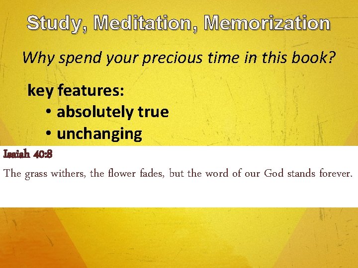 Study, Meditation, Memorization Why spend your precious time in this book? key features: •