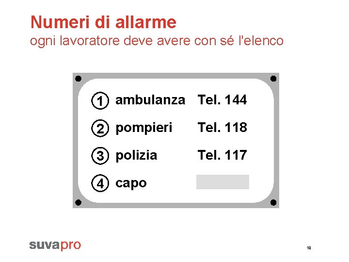 Numeri di allarme ogni lavoratore deve avere con sé l'elenco 1 ambulanza Tel. 144