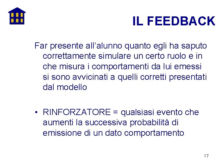 IL FEEDBACK Far presente all’alunno quanto egli ha saputo correttamente simulare un certo ruolo