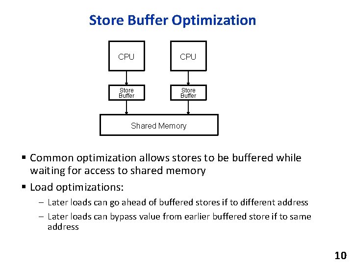 Store Buffer Optimization CPU Store Buffer Shared Memory § Common optimization allows stores to