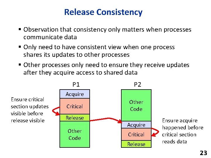 Release Consistency § Observation that consistency only matters when processes communicate data § Only