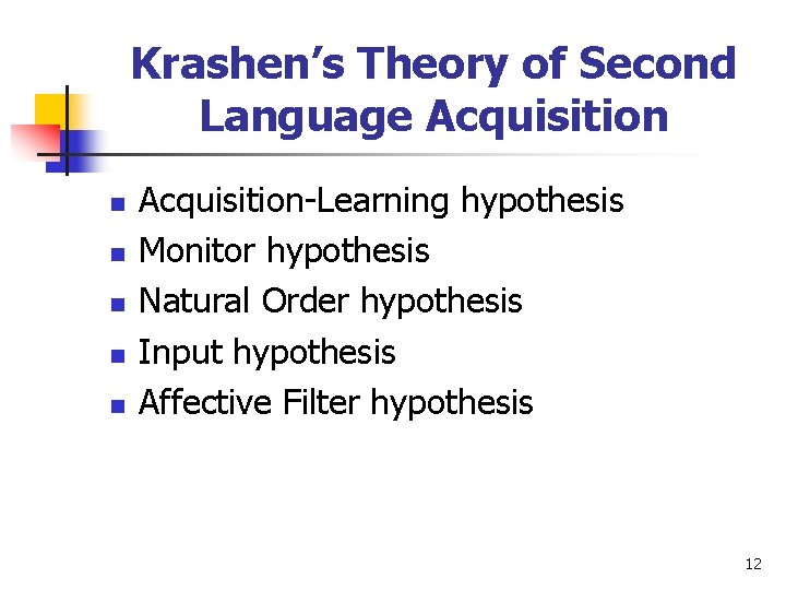 Krashen’s Theory of Second Language Acquisition n n Acquisition-Learning hypothesis Monitor hypothesis Natural Order