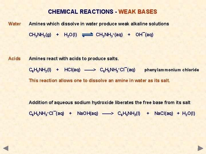 CHEMICAL REACTIONS - WEAK BASES Water Amines which dissolve in water produce weak alkaline