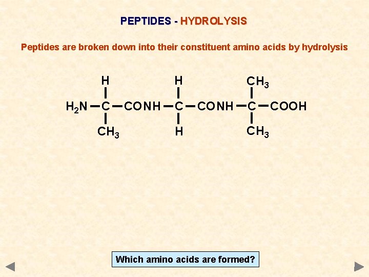PEPTIDES - HYDROLYSIS Peptides are broken down into their constituent amino acids by hydrolysis