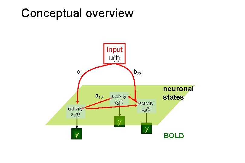 Conceptual overview Input u(t) c 1 b 23 a 12 activity z 1(t) y