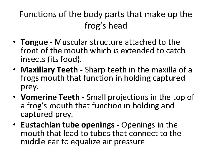 Functions of the body parts that make up the frog’s head • Tongue -