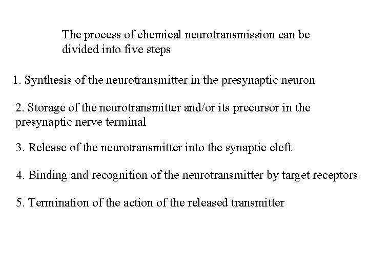 The process of chemical neurotransmission can be divided into five steps 1. Synthesis of The process of chemical neurotransmission can be divided into five steps 1. Synthesis of
