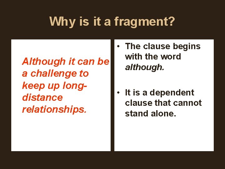 Why is it a fragment? • The clause begins with the word Although it Why is it a fragment? • The clause begins with the word Although it