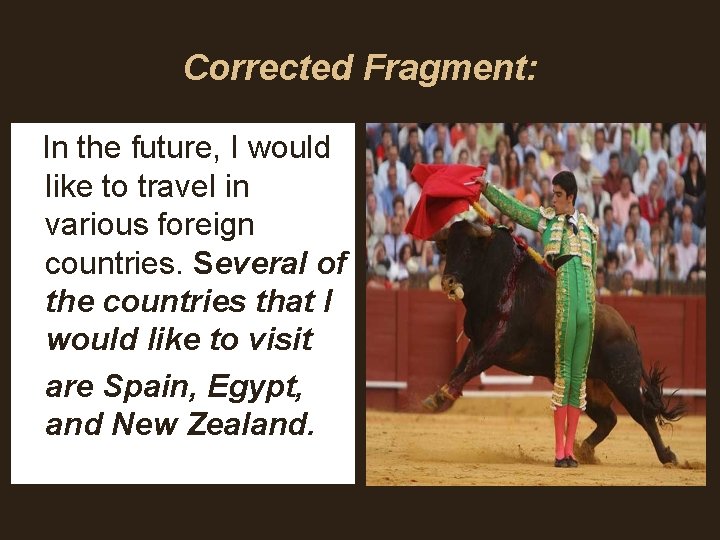 Corrected Fragment: In the future, I would like to travel in various foreign countries. Corrected Fragment: In the future, I would like to travel in various foreign countries.