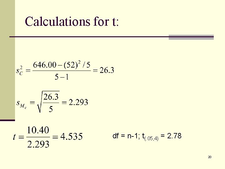 Calculations for t: df = n-1; t(. 05, 4) = 2. 78 20 