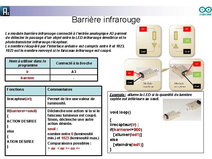 Barrière infrarouge Le module barrière infrarouge connecté à l’entrée analogique A 3 permet de