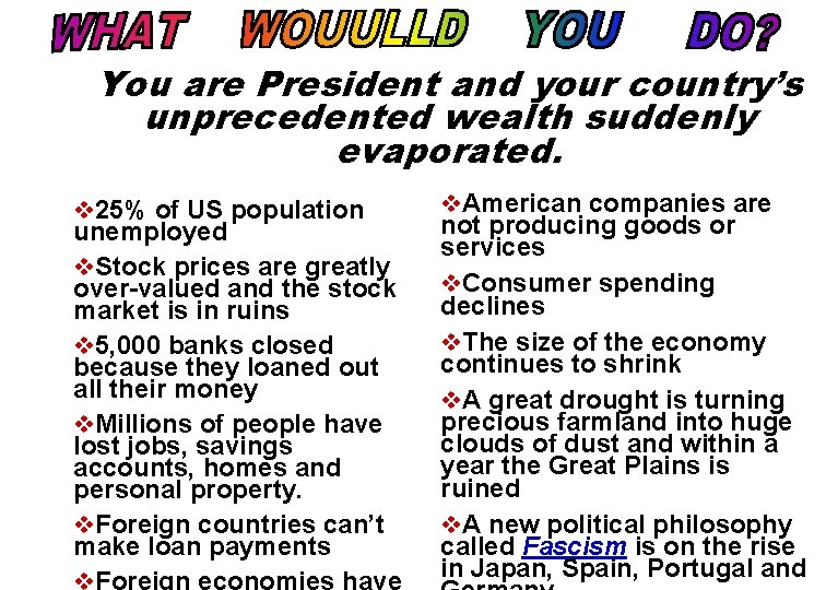 You are President and your country’s unprecedented wealth suddenly evaporated. v 25% of US