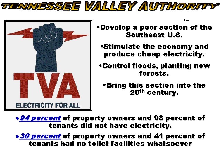 TVA • Develop a poor section of the Southeast U. S. • Stimulate the