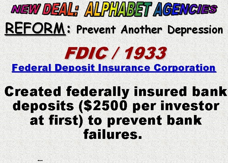 REFORM: Prevent Another Depression FDIC / 1933 Federal Deposit Insurance Corporation Created federally insured