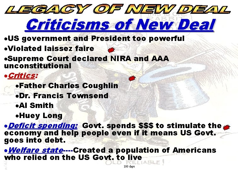 Criticisms of New Deal ·US government and President too powerful ·Violated laissez faire ·Supreme