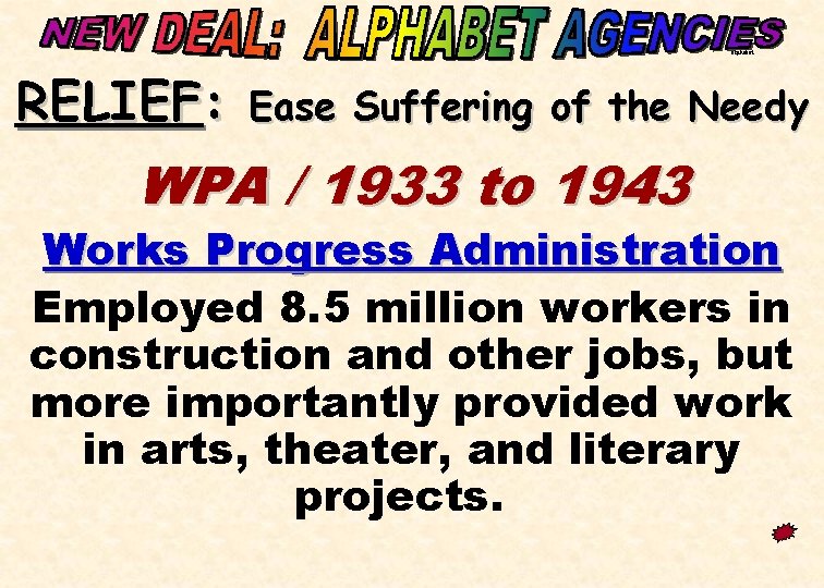 alphabet RELIEF: Ease Suffering of the Needy WPA / 1933 to 1943 Works Progress