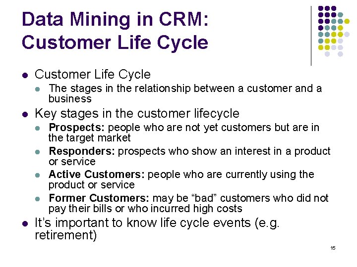 Data Mining in CRM: Customer Life Cycle l l Key stages in the customer