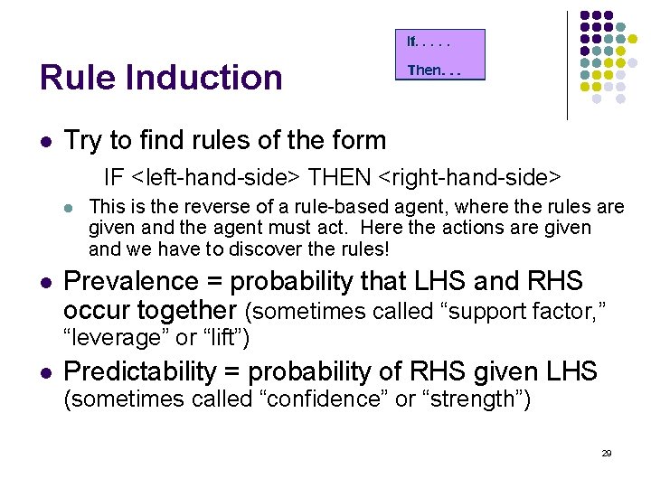 Rule Induction l Try to find rules of the form IF <left-hand-side> THEN <right-hand-side>