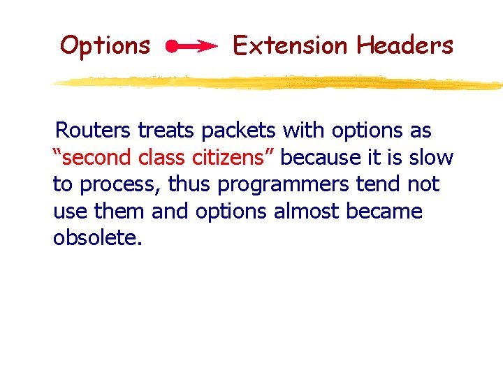 Options Extension Headers Routers treats packets with options as “second class citizens” because it