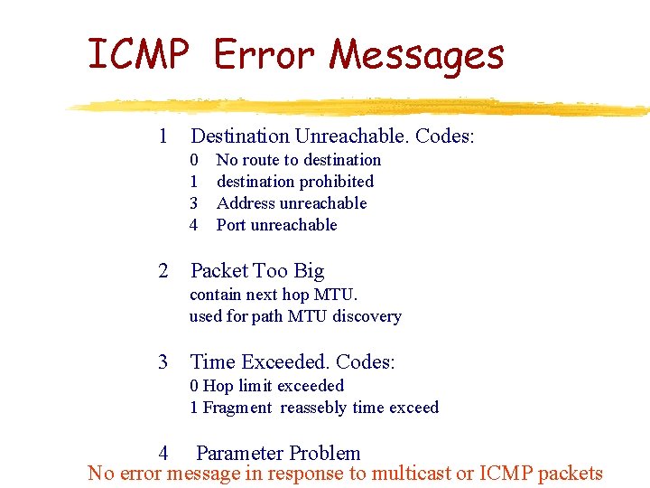 ICMP Error Messages 1 Destination Unreachable. Codes: 0 1 3 4 2 No route