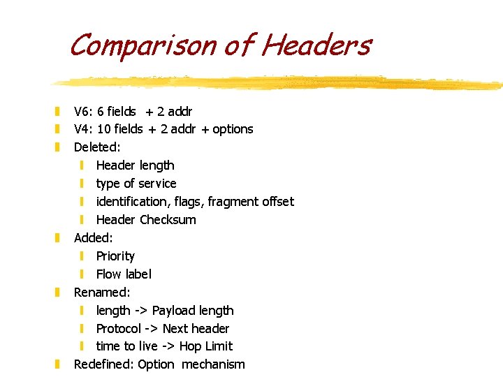 Comparison of Headers z z z V 6: 6 fields + 2 addr V