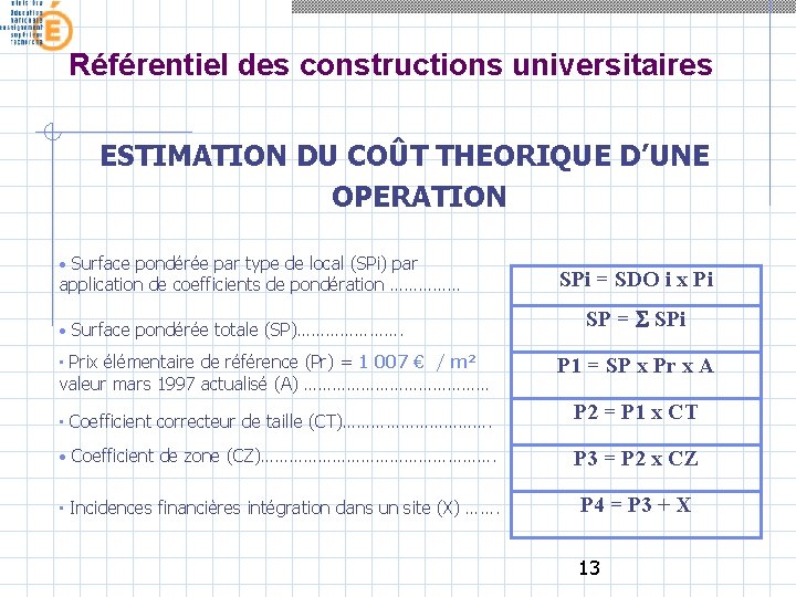 Référentiel des constructions universitaires ESTIMATION DU COÛT THEORIQUE D’UNE OPERATION • Surface pondérée par