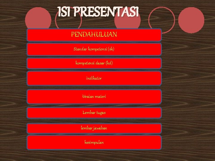 ISI PRESENTASI PENDAHULUAN Standar kompetensi (sk) kompetensi dasar (kd) indikator Uraian materi Lembar tugas