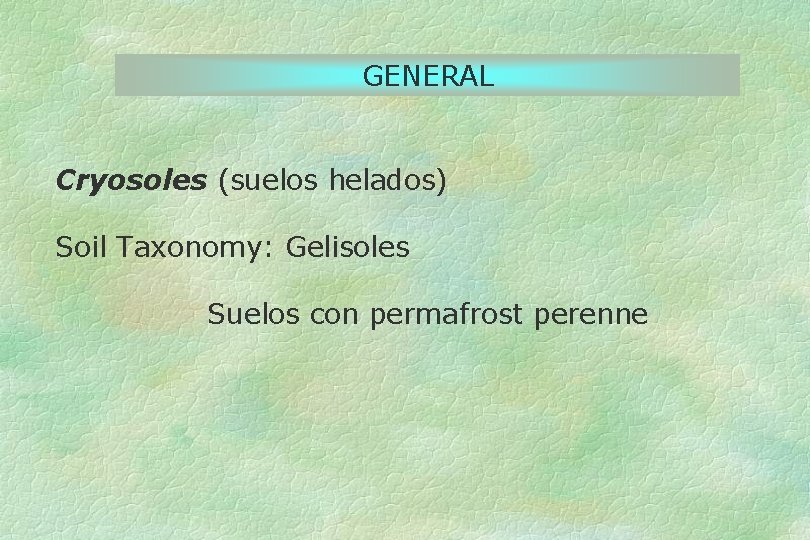 GENERAL Cryosoles (suelos helados) Soil Taxonomy: Gelisoles Suelos con permafrost perenne 