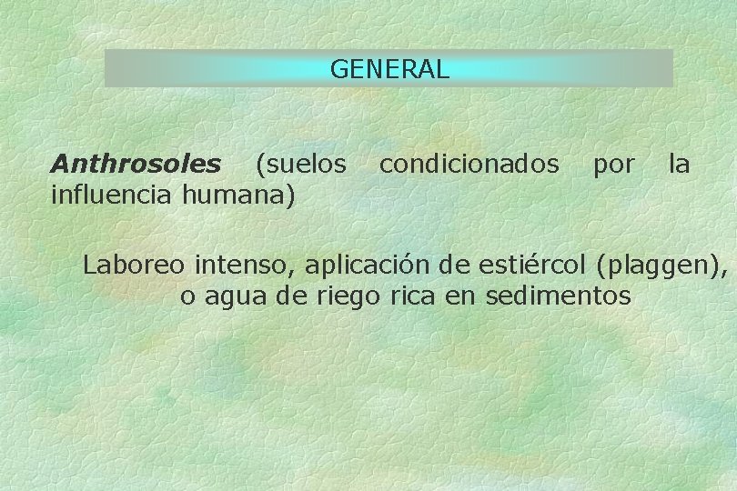 GENERAL Anthrosoles (suelos condicionados por la influencia humana) Laboreo intenso, aplicación de estiércol (plaggen),