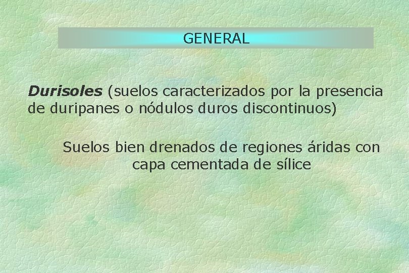 GENERAL Durisoles (suelos caracterizados por la presencia de duripanes o nódulos duros discontinuos) Suelos
