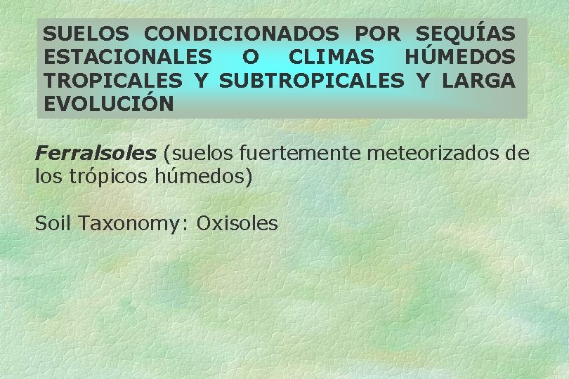 SUELOS CONDICIONADOS POR SEQUÍAS ESTACIONALES O CLIMAS HÚMEDOS TROPICALES Y SUBTROPICALES Y LARGA EVOLUCIÓN