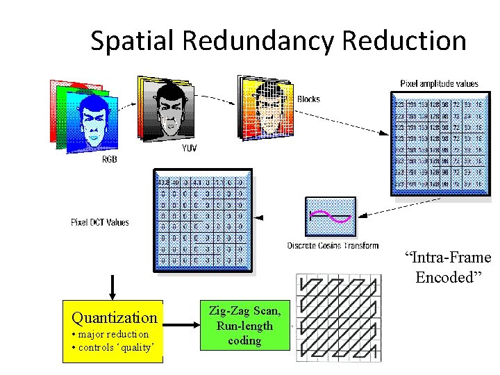 Spatial Redundancy Reduction “Intra-Frame Encoded” Quantization • major reduction • controls ‘quality’ Zig-Zag Scan,