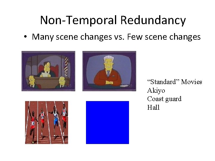 Non-Temporal Redundancy • Many scene changes vs. Few scene changes “Standard” Movies Akiyo Coast