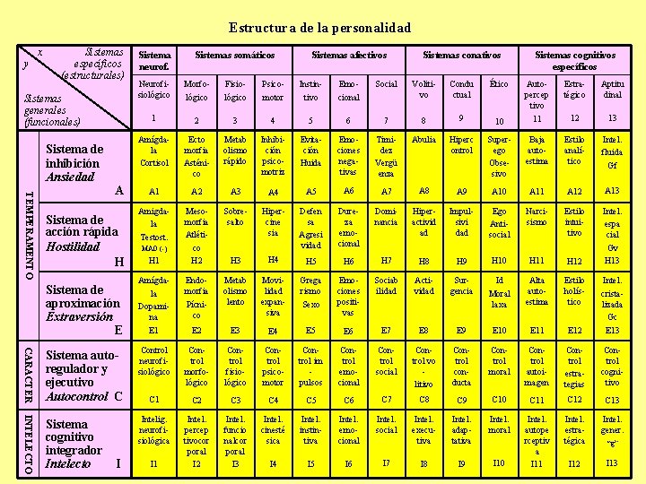 Estructura de la personalidad Sistemas afectivos Sistemas conativos Neurofisiológico Morfológico Fisiológico Psicomotor Instintivo Emocional