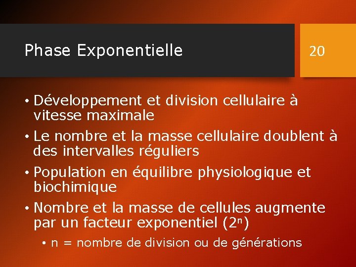 Phase Exponentielle 20 • Développement et division cellulaire à vitesse maximale • Le nombre