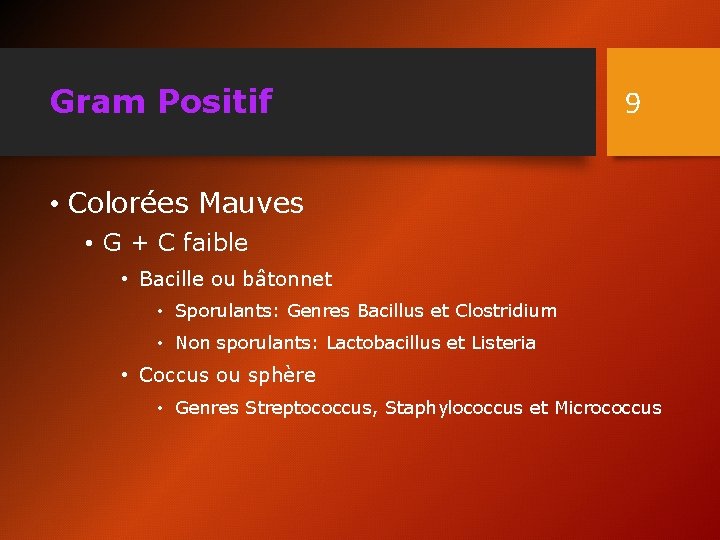 Gram Positif 9 • Colorées Mauves • G + C faible • Bacille ou