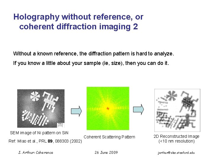 Holography without reference, or coherent diffraction imaging 2 Without a known reference, the diffraction