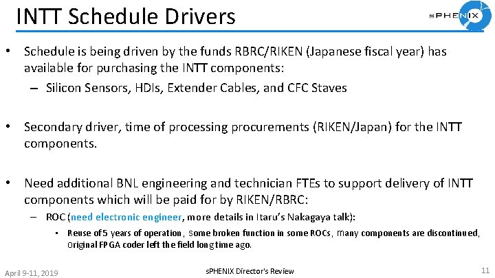  INTT Schedule Drivers • Schedule is being driven by the funds RBRC/RIKEN (Japanese