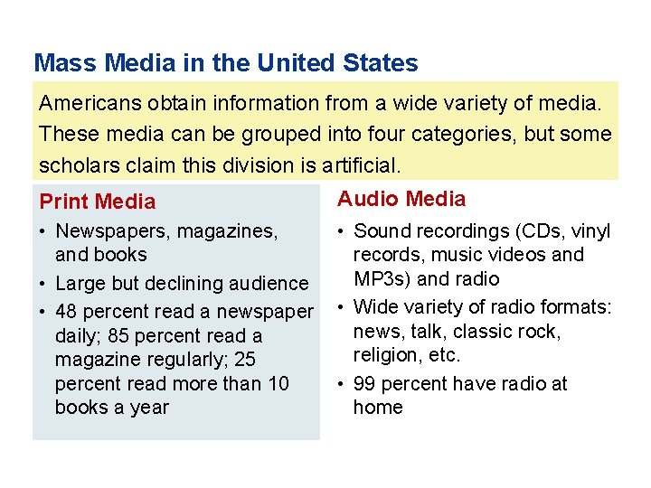 Mass Media in the United States Americans obtain information from a wide variety of