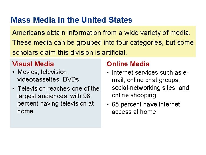 Mass Media in the United States Americans obtain information from a wide variety of